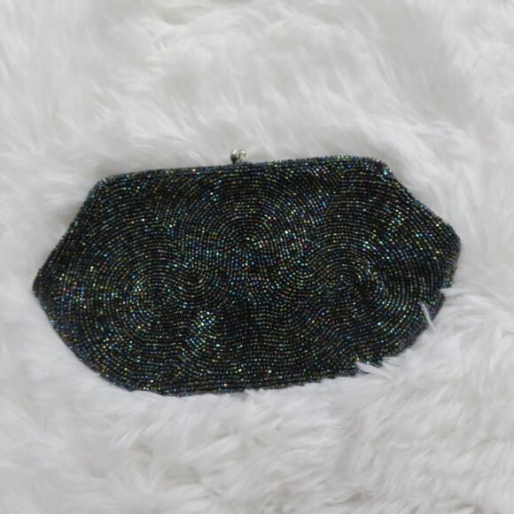 Vintage Made in Japan Black Beaded Kiss Lock Purse Evening Clutch - Picture 2 of 5